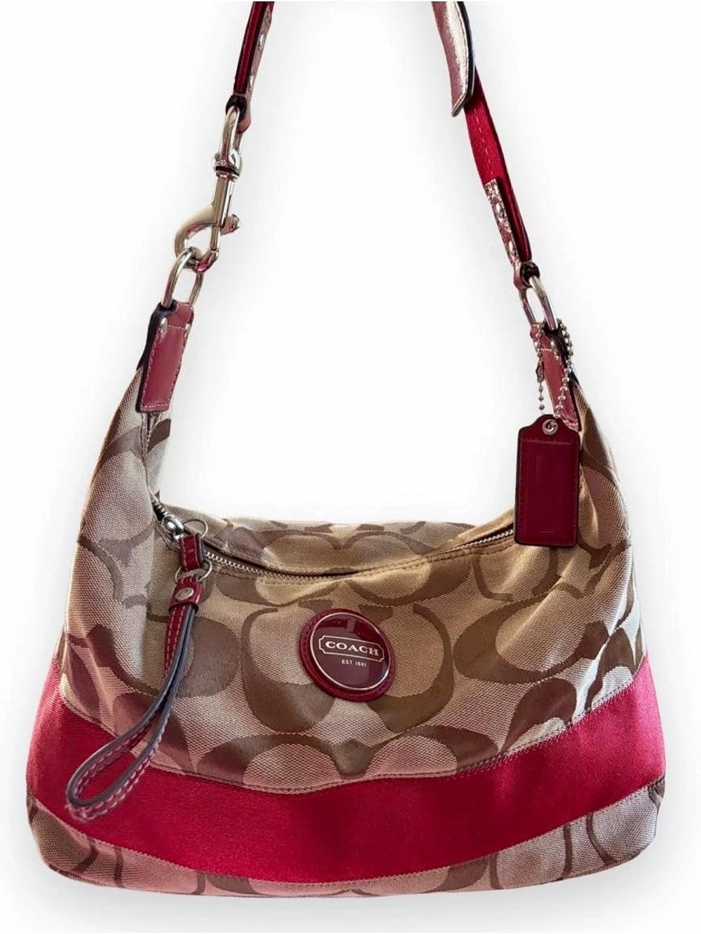 Coach Signature Stripe Hobo Bag Monogram Hobo Bag in Brown & Red